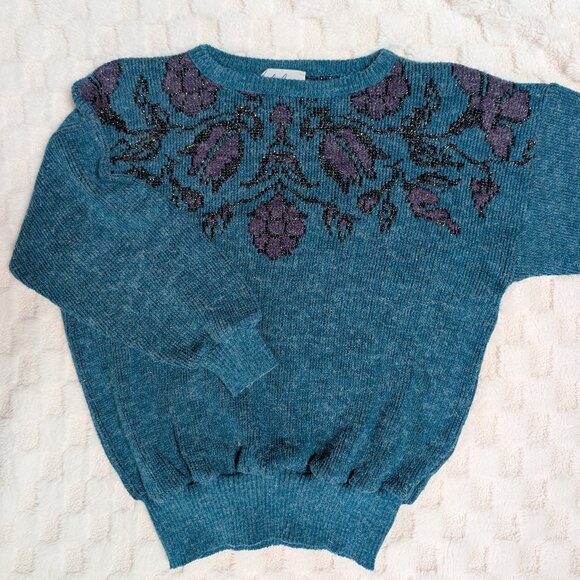 Vintage Made in Canada knit floral sweater with metallic hues - Picture 1 of 12